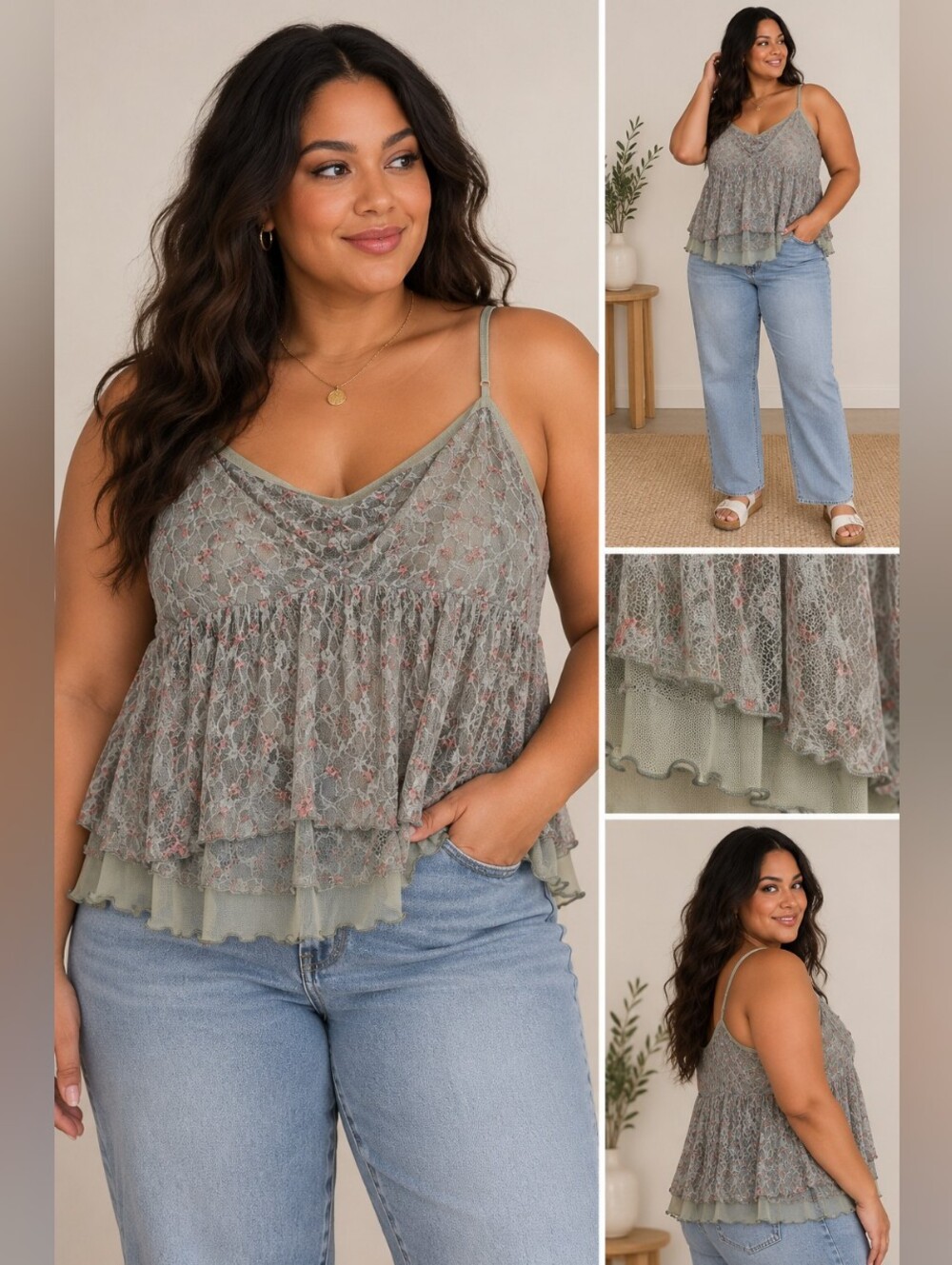 💖 2/$40 Lovesick Sage Lace Camisole with Pink Floral Detail